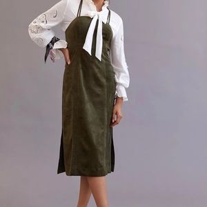 Antropologie Olive Green Suede Strappy Zip Side Slip Midi Dress